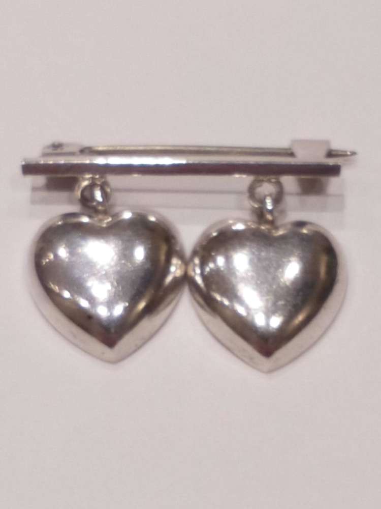 Vintage Danish 830 Silver Solid Double Heart Dropper Sweetheart Brooch 20th C