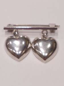 Vintage Danish 830 Silver Solid Double Heart Dropper Sweetheart Brooch 20th C