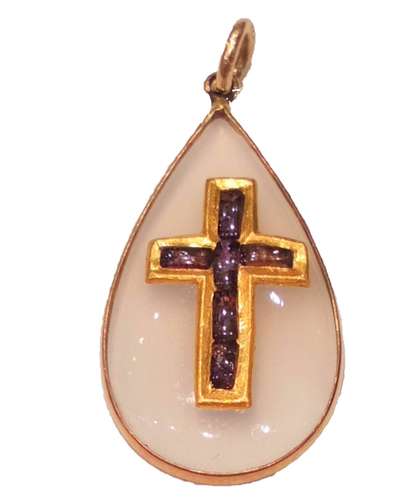 Antique 18ct gold chalcedony teardrop pendant with amethyst inlaid gold cross circa 1840
