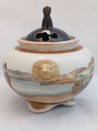 Antique Japanese Satsuma Pottery Koro hand painted figures in a continuous lakeside and mountain scene by Kizan 岐山 Meiji circa 1900