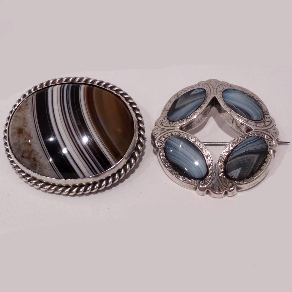 Two Victorian Antique Scottish Banded Agate Silver Mounted Brooches