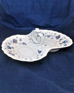 Antique German porcelain hors d'ouevres dish with loop handle decorted with blue flowrs and birds with gided highlights. Marked on the base KPM for Krister Porzellan-Manufaktur of Waldenburg circa 1860.