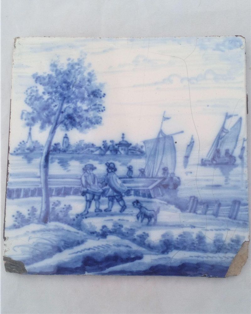 Antique 18thC Dutch Delft Tile Blue and White Two Men Dog on Quayside
