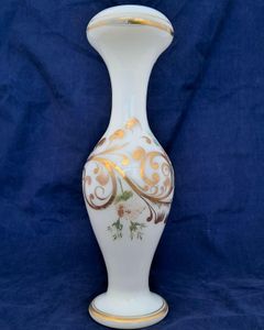 Antique Bohemian opaline opaque white glass vase painted pink roses and gilded feather like leaf decoration circa 1860. 25 cm high 8 cm diameter, weighs 968 grammes unapacked.