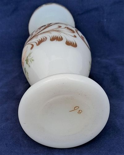 Antique Bohemian opaline opaque white glass vase painted pink roses and gilded feather like leaf decoration circa 1860. 25 cm high 8 cm diameter, weighs 968 grammes unapacked.
