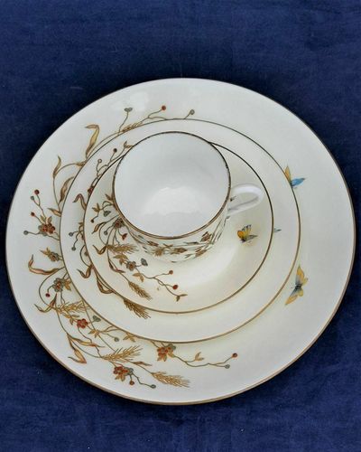 Antique Aesthetic Movement Moore Brothers Cup Saucer & Plates Set Gilded & Hand Painted with Jewelled Flowers Grasses and Butterflies circa 1875