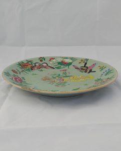 Chinese Canton Celadon Plate Painted enamel Pair of Fish flowers & Butterflies 19th century marked with stylised under glaze blue seal mark for Daoguang antique circa 1840. 10 3/8 inches diameter weighs 875 grammes unpacked.