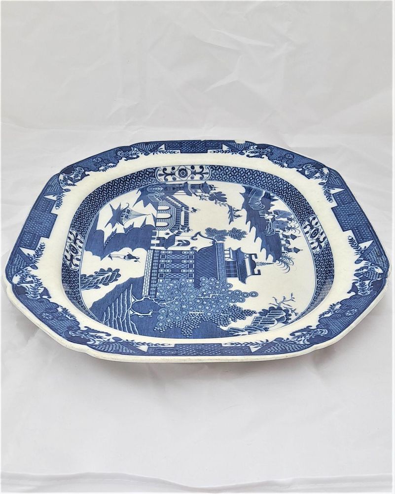 Antique Cambrian Pottery pearlware blue and white transferware meat plate platter Ashet printed Long Bridge Pattern circa 1800 52 cm wide