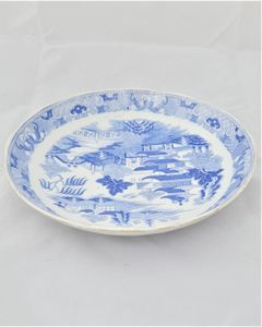 An antique Miles Mason type porcelain saucer dish transfer printed in blue and white in the Two Temples Broseley pattern circa 1810