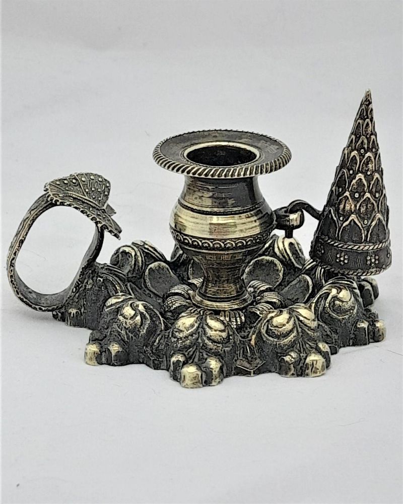Antique cast brass taper stick holder and snuffer small chamber stick with a butterfly handle Mid 19th Century