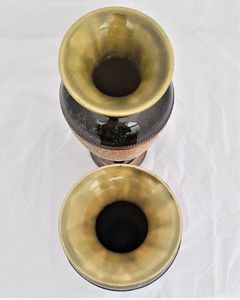 A beautiful pair of antique round baluster shaped Doulton Lambeth stoneware vases decorated with Doulton and Slater's patent technique using  impressed lace fabrics into the wet clay and later gilded and enamelled. 28 cm high total weight 2.242 kg unpacked.