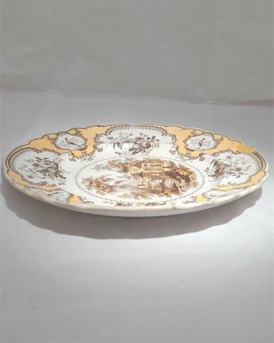 Antique John Ridgway Yellow & Brown Dinner Plate Villa Pattern Stone Ware circa 1830s - Bi colour transfer ware printed Italianate landscape 26.7 cm diameter