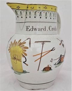 Pearlware high temperature underglaze decorated jug painted name - Edward Croston and farm implement  - Antique circa 1800 - prattware - capacity 2.5 pints or 1.45 litres - 17.5 cm high