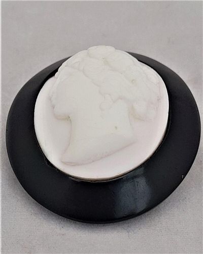 Antique Whitby Jet Oval Brooch frame mounted with a Pale Shell Cameo Carved with the Goddess Flora in High Relief Well Carved Victorian circa 1870