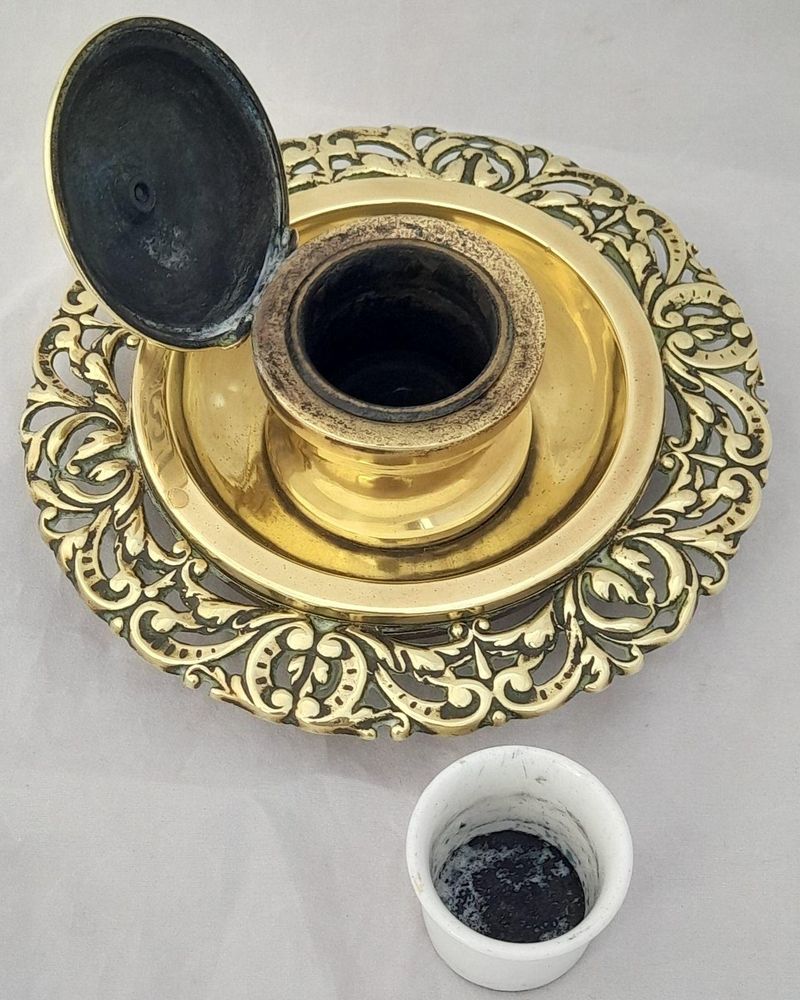 Antique neo rococo style brass hinged lidded inkwell with liner & pen stand cast rococo scroll decoration circa 1870