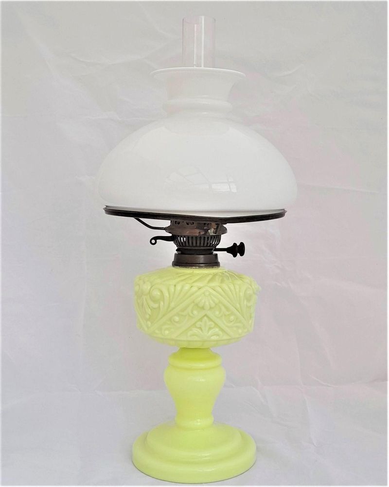 Antique Uranium Glass Oil lamp duplex burner marked - Lewtas - National Lamp Works - circa 1890 - complete duplex burner chimney shade & carrier 57cm