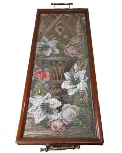 An antique Victorian long bead-work embroidery Berlin needlepoint tea tray or stand c 1860 - behind glass mahogany frame scroll handles 75 cm L 28 cm W 3.326 kg