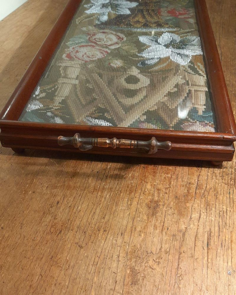An antique Victorian long bead-work embroidery Berlin needlepoint tea tray or stand c 1860 - behind glass mahogany frame scroll handles 75 cm L 28 cm W 3.326 kg