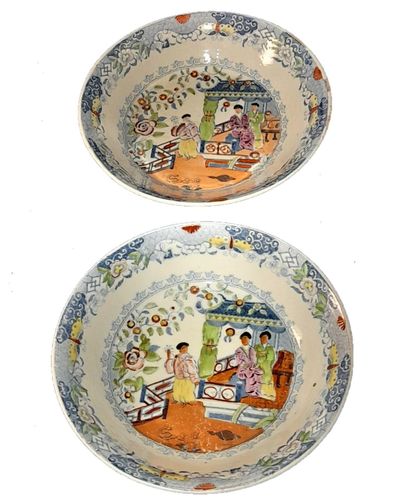Pair Antique porcelain saucer dishes Tea House Pattern transfer printed in blue & white and hand coloured circa 1810 199 mm Possibly S&J Rathbone
