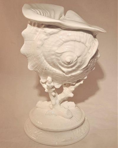 Antique Wedgwood White Porcelain Centrepiece - Fine Bone China Conch Shell sat Upon Coral on a round base - Victorian circa 1900 - 24.8 cm H 19 cm L