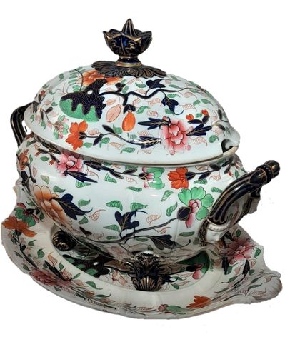 Large Chamberlain Worcester Porcelain Bone China Lidded Soup Tureen & Stand Imari Japan pattern ca 1825 - female mask head handle terminals 41cm L 6pt