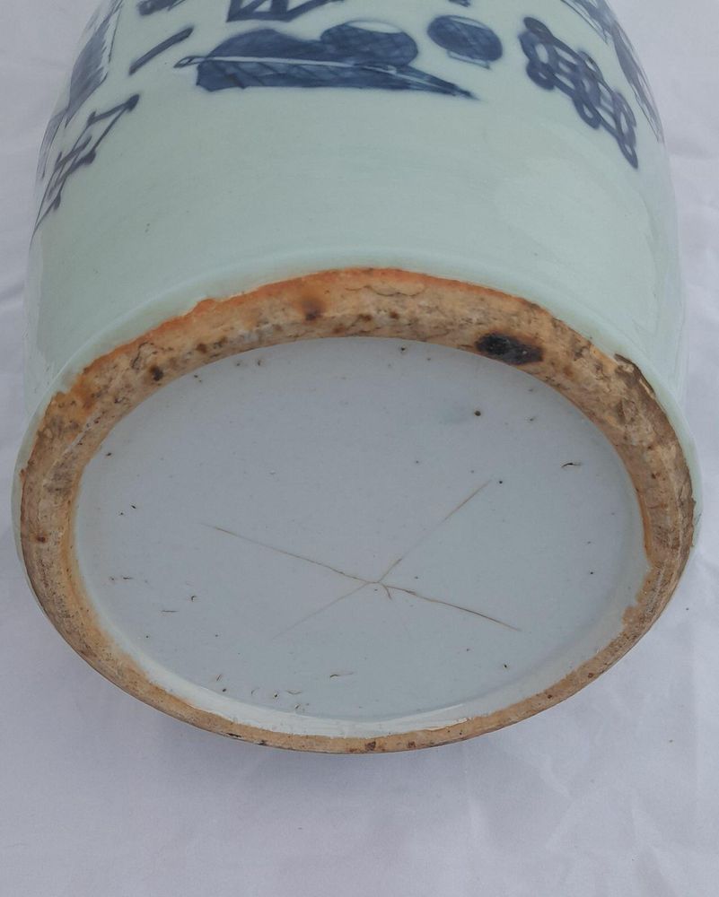 Antique Chinese Porcelain Celadon Ground Vase Blue & White Precious Things Lion Dog Handles baluster shape flared trumpet neck Qing dynasty late 19thC 42cm high 20.6 cm diameter 3.65 kg