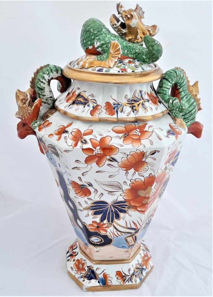 Antique Masons Patent Ironstone China alcove vase hand painted Fence Japan pattern potpourri circa 1815 Dragon handles Regency early 19thC 54cm 7.6kg