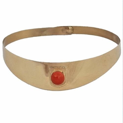 Modernist Artisan 22 carat Yellow Gold Torque Choker Collar or Torc necklace set with a Coral Cabochon 21 grammes 12 inches when closed.