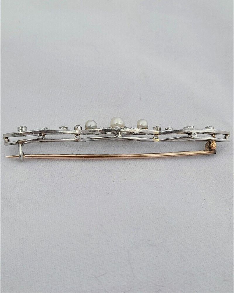 Antique Edwardian 18ct White and Yellow Gold Bar Brooch set with Diamonds  and Natural Pearls