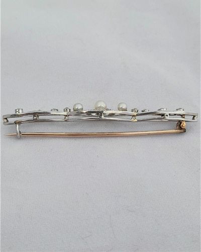 Antique Edwardian 18ct White and Yellow Gold Bar Brooch set with Diamonds  and Natural Pearls