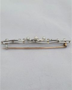 Antique Edwardian 18ct White and Yellow Gold Bar Brooch set with Diamonds  and Natural Pearls