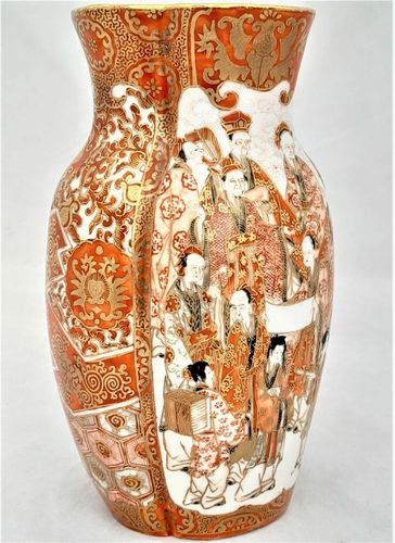 Antique Japanese Kutani Porcelain Vase decorated in iron red and enamel brocade - aka-e kinran-de made in the  Meiji period circa 1885 - signed Kaga San Pu Do - painted by Kasama Shuseki of  Kanazawa  in the Kaga Prefecture 15.2 cm high 9.2 cm wide weighs 370 grammes unpacked.