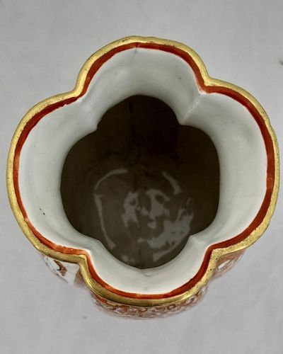 Antique Japanese Kutani Porcelain Vase decorated in iron red and enamel brocade - aka-e kinran-de made in the  Meiji period circa 1885 - signed Kaga San Pu Do - painted by Kasama Shuseki of  Kanazawa  in the Kaga Prefecture 15.2 cm high 9.2 cm wide weighs 370 grammes unpacked.