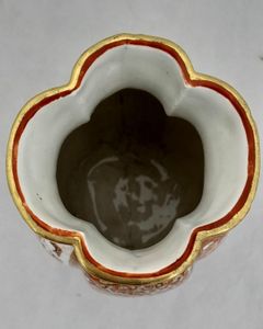 Antique Japanese Kutani Porcelain Vase decorated in iron red and enamel brocade - aka-e kinran-de made in the  Meiji period circa 1885 - signed Kaga San Pu Do - painted by Kasama Shuseki of  Kanazawa  in the Kaga Prefecture 15.2 cm high 9.2 cm wide weighs 370 grammes unpacked.