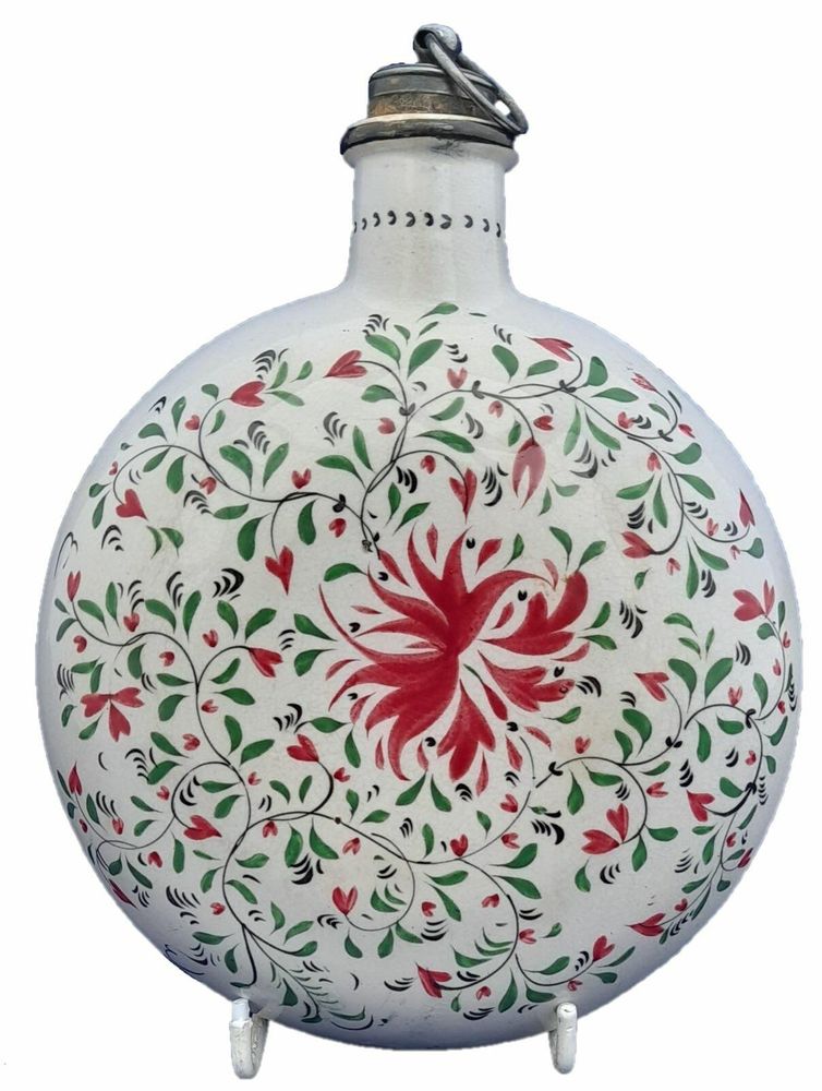 Pearlware Prattware Spirit Flask Inscribed W. Nicklin June 12th 1838 - Antique Pilgrim Flask high temperature underglaze colours green black & red