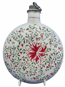 Pearlware Prattware Spirit Flask Inscribed W. Nicklin June 12th 1838 - Antique Pilgrim Flask high temperature underglaze colours green black & red