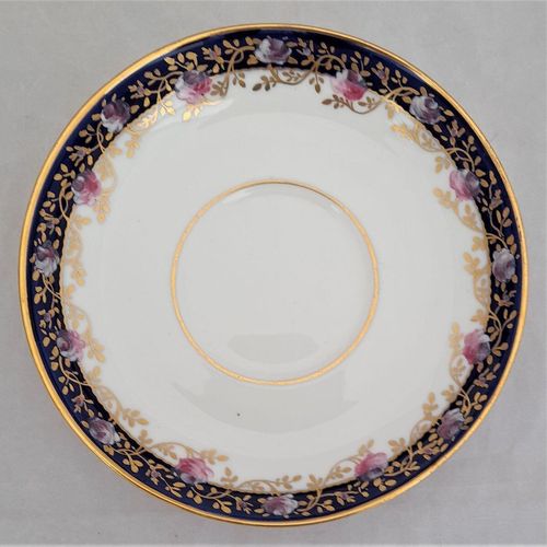 top of saucer - Antique porcelain tea cup & saucer hand painted blue rim & swagged pink roses by W. Lambert 1915 - Larcombe King St Derby on a Bishop & Stonier Blank