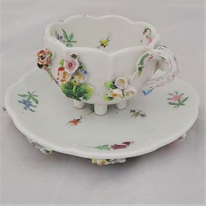 Front right - Dresden porcelain cup & saucer applied flowers hand painted insects antique late 19th C - lobed shape on six stilt feet - Meissen style - monogram JR