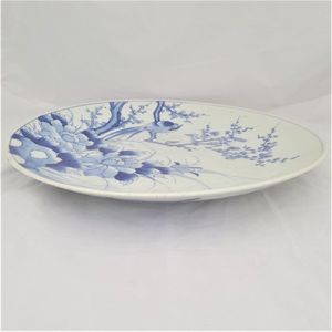 side view bottom right - Large Japanese Arita Porcelain Charger Painted Blue & White Bird of Paradise in Prunus Tree - antique circa 1870 19th C Meiji 41 cm diameter 2.29 kg