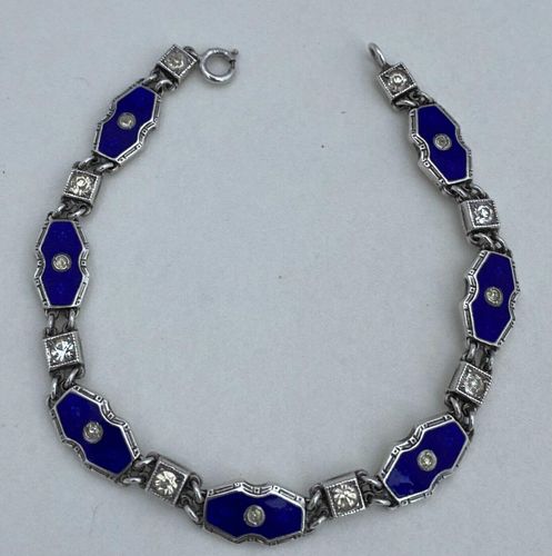 Art Deco Sterling Silver and Blue Enamel Bracelet with Clear Paste Stones c 1930
