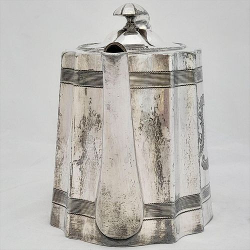 front spout view - James Dixon & Sons silver plated Commode shaped EPBM tea pot engine engraved design - antique George V circa 1920 2 pint capacity