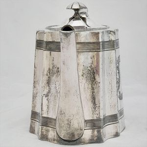 front spout view - James Dixon & Sons silver plated Commode shaped EPBM tea pot engine engraved design - antique George V circa 1920 2 pint capacity