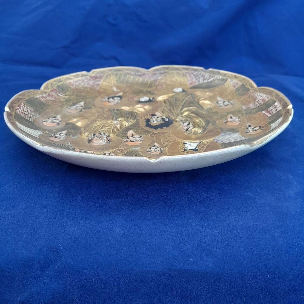 side top view - Japanese Satsuma Pottery Low relief Moulded Plate Painted Immortals or Lucky Gods with Halos marked Satsuma & Shimazu mon - Antique Meiji circa 1900
