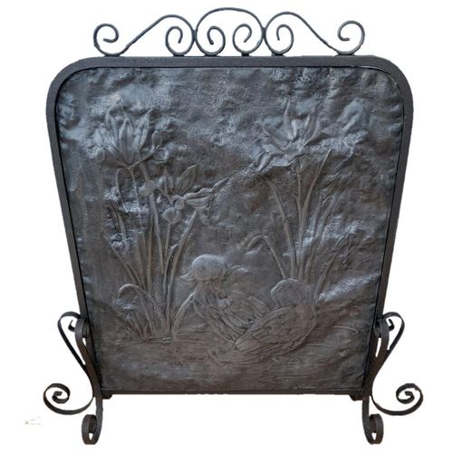 Front view no background - Arts & Crafts Fire Screen - Wrought Iron Framed Repousse Pewter Screen -  Decorated in L