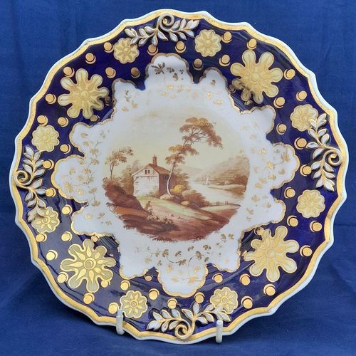 On stand view - Ridgway Regency Porcelain loop sprigged dessert plate - Pattern 941 Topographical scene c 1810