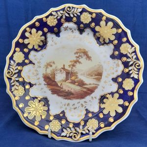 On stand view - Ridgway Regency Porcelain loop sprigged dessert plate - Pattern 941 Topographical scene c 1810