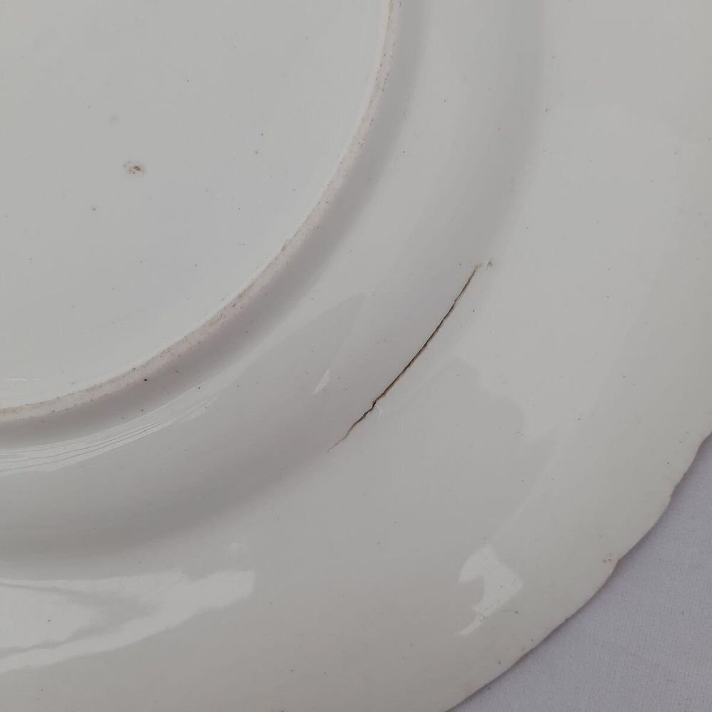 Detail firing tear 1 - John Rose Coalport Porcelain dessert plate - Oeil de Perdix Union pattern border floral cartouches circa 1825