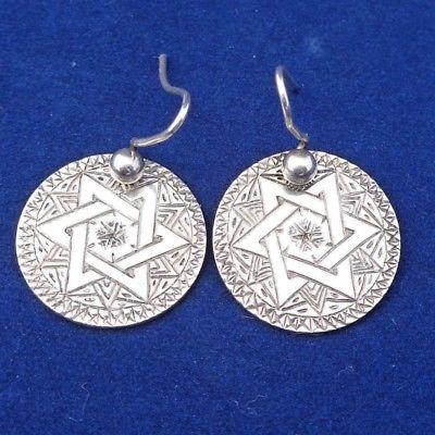 Early Victorian Silver Threepence Earrings Engraved Solomon's Seal 1840s Antique