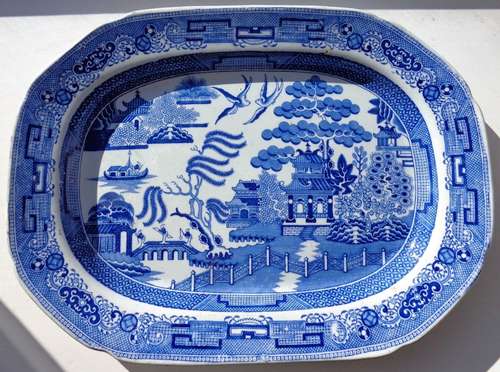 Antique Ironstone Meat Plate Platter Ashet Blue & White Transferware Willow 1840
