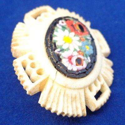 Antique Victorian Micro Mosaic and Carved Bovine Bone Brooch Pin Flowers c 1890